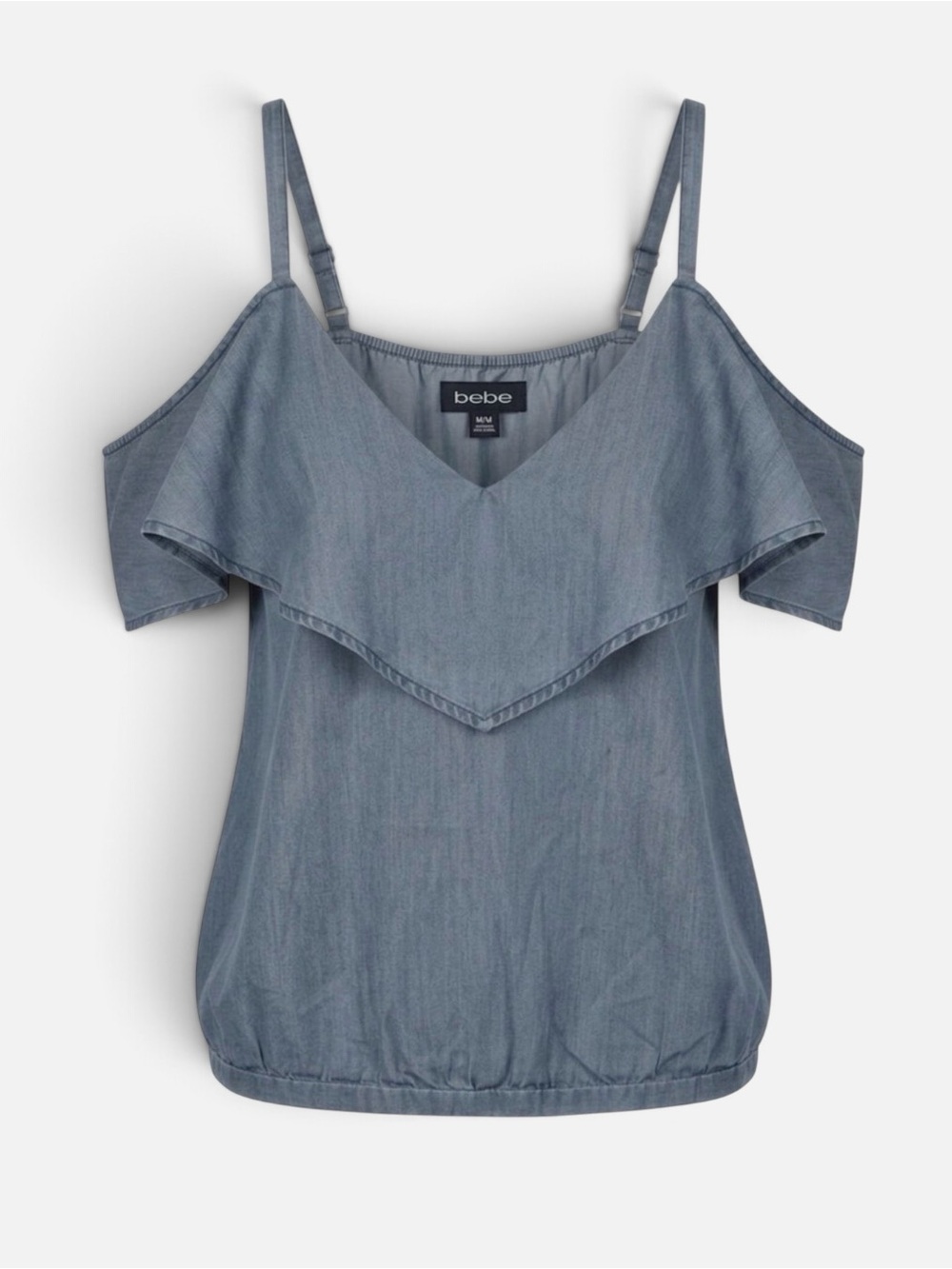 Bebe Chambray Cold Shoulder Ruffle Top Medium